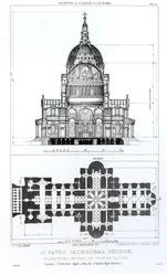 Seção transversal da Catedral de São Paulo e plano das abóbadas, gravado por CJ Mathews e G. Gladwin, publicado em 1823
